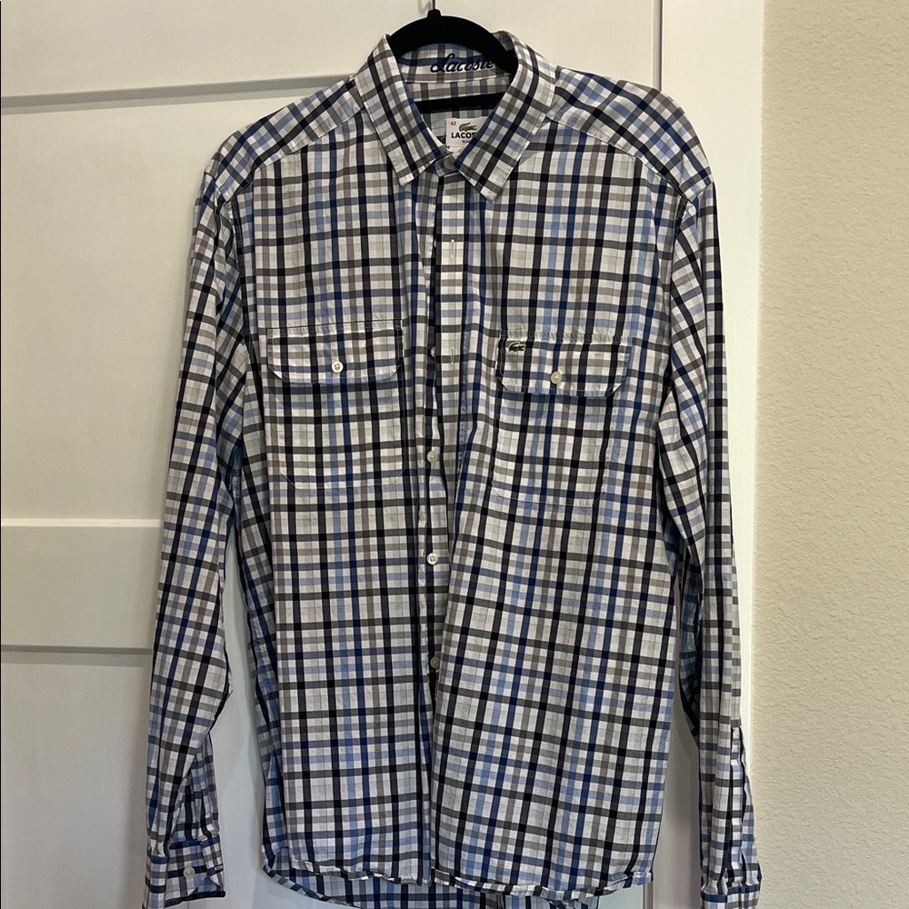 Lacoste Slim Fit Plaid Button-Down Shirt in Blue, Gray, White, Large (42)
